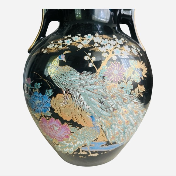 Vintage porcelain vase black hand painted floral bird detail wide handles/openin - Picture 2 of 12
